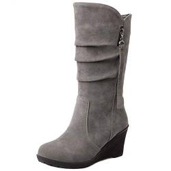 MJIASIAWA Damen Halbschaft Winter Warm Draußen Plateau Keilabsatz Schneestiefel Ohne Verschluss Runde Zehen Klassischer Slouch Stiefel Grau/Hm Gr 37 EU/38 Asiatisch von MJIASIAWA