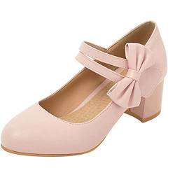 MJIASIAWA Damen Knöchelriemchen Hochzeit Mitte Absatz Closed Toe Studded Bows Pumps Bride Blockabsatz Elegant Kleid Mary Jane Schuhe Pink Gr 41 EU/43 Asiatisch von MJIASIAWA