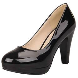 MJIASIAWA Damen Ohne Verschluss Closed Toe Kleid Höhe Ferse Plateau Pumps Buro Formal Lack Abend Mode Pumps Schwarz Gr 33 EU von MJIASIAWA