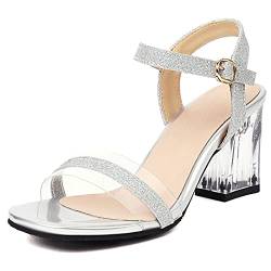 MJIASIAWA Damen Transparent Hochzeit Blockabsatz Knöchelriemchen Sandalen Offene Zeh Abend Kleid Mode Party Höhe Ferse Silber Gr 32 EU von MJIASIAWA