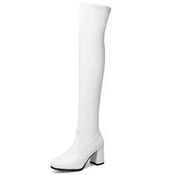 MJIASIAWA Damen Winter Warm Oberschenkel Stretch Stiefel Höhe Ferse Elegant Thigh Reitstiefel Reißverschluss Mode Weiß Gr 39 EU/40 Asiatisch von MJIASIAWA