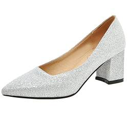 MJIASIAWA Hochzeit Blockabsatz Bride Pointed Toe Ohne Verschluss Glitzer Kleid Schuhe Elegant Mitte Absatz Komfort Damen Abend Pumps Silber Gr 40 EU/41 Asiatisch von MJIASIAWA