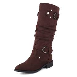 MJIASIAWA Klassischer Equestrian Knee Damen Pointed Toe Winterstiefel Draußen Block Mitte Absatz Pelz Gefüttert Schneestiefel Slouch Braun/Dl Gr 40.5 EU/42 Asiatisch von MJIASIAWA