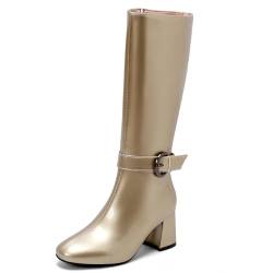 MJIASIAWA Lack Equestrian Damen Party Warm Kniestiefel Square Toe Winter Blockabsatz Hochzeit Schuhe Elegant Stiefeletten Gold Gr 43 EU/45 Asiatisch von MJIASIAWA