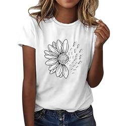 Angebote des Tages Heute Tshirt Damen Lässige Blumendruck Oberteile Pullover T-Shirt Einfarbiges Basic Shirt Rundhals Kurzarm Sommer Tops Lockere All-Match Tunika Bluse Laufshirt Sportshirt von MJIQING