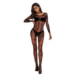 Damen Unterwäschen Reizwäsche Netz Strumpfhose Bodystockings Hohle Blumen Frauen Bodysuit Nachtwäsche Dessous Sexy rückenfrei Netz Catsuit Feine Spitze Overall Langarm Offen Im Schritt Schwarz von MJIQING