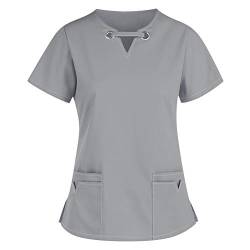 MJIQING Damen Einfarbig Pflegebekleidung mit Tasche Kurzarm V-Ausschnitt Krankenschwester Uniformen Kasack Krankenpfleger Uniformen Altenpflege Schlupfhemd Berufskleidung Bluse #10 von MJIQING