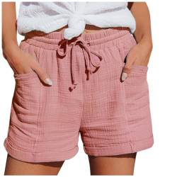 MJIQING Shorts Damen Sommer Leinen Musselin Kurze Hose Beach Shorts Mit Taschen Mode Lässige Stoffhose Freizeit Shorts Elastische Taille Stretch Gerades Bein Sport Shorts mit Kordelzug Leinenhose von MJIQING