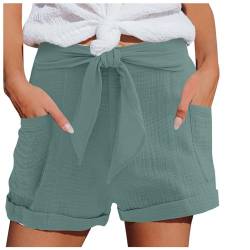 MJIQING Shorts Damen Sommer Leinen Musselin Kurze Hose Beach Shorts Mit Taschen Mode Lässige Stoffhose Freizeit Shorts hoher Taille Stretch Gerades Bein Sport Shorts mit Kordelzug Leinenhose von MJIQING