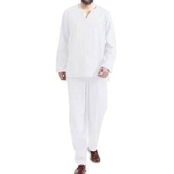 MJISG Herren Schlafanzug Herren Pyjama Set Lang Baumwolle Herren Zweiteilige Nachtwäsche Loungewear Schlafanzughose Lang Gummizug Herren Pyjama Set Baumwolle Oberteil und Unterteil (White, M) von MJISG