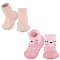 MK MATT KEELY 2 Paare Krabbelschuhe Baby Outdoor Lauflernschuhe Kinder Mädchen Jungen rutschfeste Gummisohle Sockenschuhe,Rosa+Fuchs,12-18 Monate von MK MATT KEELY