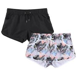 MK MATT KEELY 2 Pack Damen Badeshorts Sommer Kurz Badehose Strand Schnell Trocknend Schwimmshorts Boardshorts,Schwarz+Hellblaue Blätter,34(XS) von MK MATT KEELY