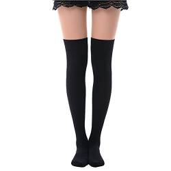 MK MEIKAN Oberschenkelhohe Socken, für Damen und Mädchen, kniehohe Socken, bunte einfarbige Streifen, extra lange Stiefelsocken, 1 Paar schwarz, Einheitsgröße von MK MEIKAN