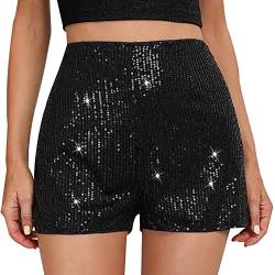 Damen Schwarz Glänzend Perlen-Hotpants mit schmaler Passform und Pailletten in einfarbiger, mittelhoher, sexy Shorts mit geradem Bein Fußball Shorts Herren Damen Bedruckte Shorts Stretch Hose Damen von MKIUHNJ