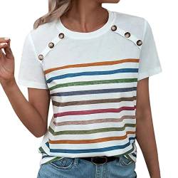 Damen T-Shirt Mit Knopfleiste Damen T-Shirt Mit Streifen Kurzärmliges, lässiges Oberteil für Damen mit gestreiftem Druck, Patchwork-Knopf Rundhalsausschnitt Top Vintage (White, XL) von MKIUHNJ