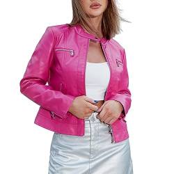 Damenjacke, Freizeitmantel, Oberbekleidung mit Reißverschluss, Windjacke, schwarze Jacke, Scrub-Lederjacken für Damen, Jacke und Kunstleder für Damen und Mäntel Knopf Mantel Damen (Hot Pink, M) von MKIUHNJ