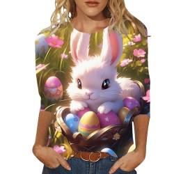 Easter Bunny Shirt Ostertag-T-Shirt für Damen, 3 oder 4-Ärmel, Rundhalsausschnitt, niedliches Kaninchen-Ei-Grafik, bedrucktes T-Shirt, Oberteil, lässige Bluse, T-Shirt Glitzer Top Silber von MKIUHNJ