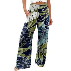 Hosen Damen High Waist Baggy Lässige , Strandhose, elastische Taille, weites Bein, bunte Blumen und grüne Blätter, bedruckte Taschenhose Hose Damen Jogginghose Rot Hosen Damen Elegant Festlich Weite von MKIUHNJ