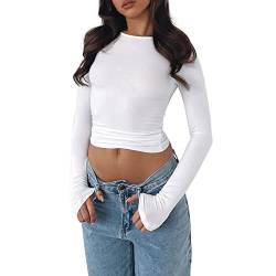 Langarm Shirt Eng Mädchen Damen Rundhals Damen Slim Fit T-Shirt Damen Einfarbiges Langarmshirt Bluse Damen Sexy Langarm Elegant Longbluse Damen Langarm Lässig Sporttop Damen Eng (0922A-White, S) von MKIUHNJ