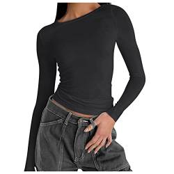 Langarmshirt Damen Baumwolle Damen T-Shirt Mit Rundhalsausschnitt Longbluse Damen Langarm Lässig Damen T-Shirt Slim Fit Frauen monochromes Langarmshirt Top Damen Elegant (Black, S) von MKIUHNJ