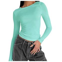 Langarmshirt Damen Eng T-Shirt Damen Rundhals Damen Slim Fit T-Shirt Damen Einfarbiges Langarmshirt Bluse Damen Sexy Langarm Elegant Longbluse Damen Langarm Lässig Sporttop Damen Eng (BU2, S) von MKIUHNJ