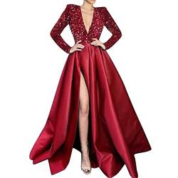 MKIUHNJ Ballkleider Damen Lang Kleid Damen Damen V-Ausschnitt High Split Langes formelles Abendkleid Maxi Party Kleid Ärmel Schlitz Kleid Prom Langes Kleid in Übergröße Kleid Winter (0826A-RD1, XXL) von MKIUHNJ