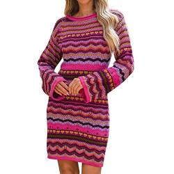 MKIUHNJ Damen Pullover Kleid Regenbogen Gestreift Langarm Lose Gehäkelt Gestreift Mini Casual Pullover Kleid Kleid Schulterfrei Strandkleid Damen Langarm Damen Strandkleid Damen Sommer Strick von MKIUHNJ