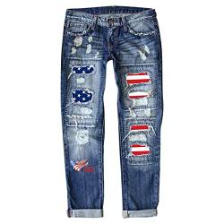 MKIUHNJ Damenhosen Lang Jeans Damen Jeans Independence Day Print zerrissene Hose Jeanshosen Damen Stretch Mit Applikationen von MKIUHNJ