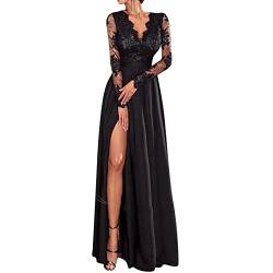 MKIUHNJ Frauen Blumenspitze Maxikleid Langarm V-Ausschnitt Brautjungfer Hochzeit Abendgesellschaft Kleider Damen Kleid Sexy (Z1226A-Black, S) von MKIUHNJ