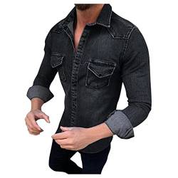 MKIUHNJ Jeansjacke Herren Jeanim Jacke für Männer in fester Farbe Langarm-Casual-Jeanim mit Tasche schlank gerade Fleecejacke Ärmellos Herren Jacke Herren Sommer Jeans (Black, XXL) von MKIUHNJ