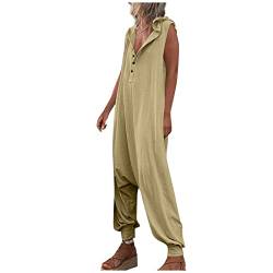 MKIUHNJ Overall Damen Kurzarm Hosen Damen Baggy Damen-Overalls, lässig, locker, ärmellos, mit Kapuze, Latzbündchen, Overall mit Taschen Hosen Damen Stretch Grosse Grössen von MKIUHNJ