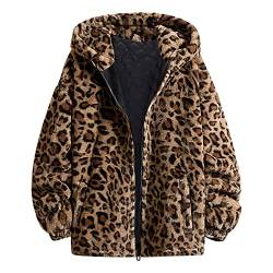 MKIUHNJ Teddy Jacken Für Damen Damen Langarm Leopard Fuzzy Fleece Reißverschluss Kapuzenjacke Mäntel Oberbekleidung mit Tasche Mantel Kostüm Damen Jacke Damen Winter (D, M) von MKIUHNJ