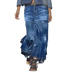 Maxirock Jeans Damen Lang Lässiger Damen-Jeansrock mit hoher Taille, Slim Fit, A-Linie, Maxirock Petticoat Röcke von MKIUHNJ