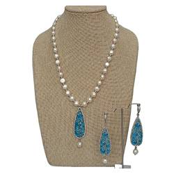 MKNAZ Mode-Accessoires Natürliches weißes barockes Süßwasserperlen-Lünetten-Set Blaues Katzenauge-Pavé-Anhänger-Halsketten-Ohrring-Set von MKNAZ