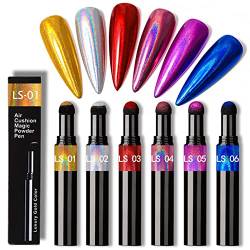 6 Farben Chrome Nail Powder Pen, MKNZOME Metallic Glitzerpuder Chrome Pulver Nägel Super-Spiegeleffekt Metall Mirror Chrome Powder, Nail Charms Nageldesign Zubehör für Nagelkunst Maniküre DIY Salon von MKNZOME