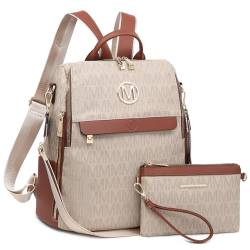 MKP modischer Damen-Rucksack, Geldbörse, PU-Leder, wandelbar, mittelgroß, für Reisen, Schultertaschen, Handtasche und Geldbörse, 2 Stück, Beige-1 von MKP COLLECTION