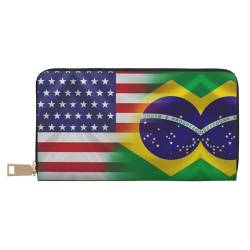 MLTRFGJ American Football Laces Geldbörse aus strapazierfähigem bedrucktem und modischem Leder mit sicherem Reißverschluss, Amerikanische und brasilianische Flaggen, Einheitsgröße von MLTRFGJ