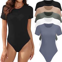 MLYENX 5er-Pack Body für Damen, kurzärmelig, Rundhalsausschnitt, lässig, dehnbar, Basic-T-Shirt, Body-Shirt, 5er-Pack: Schwarz, Weiß, Olivgrün, Hautfarben, Dunkelblau, 38 von MLYENX