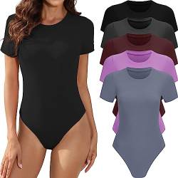 MLYENX 5er-Pack Kurzarm-Body für Damen, Rundhalsausschnitt, lässig, dehnbar, Basic-T-Shirt, Bodysuit, Tops, 5er-Pack: Schwarz, Dunkelrot, Lila, Dunkelgrau, Dunkelblau, M von MLYENX