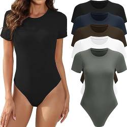 MLYENX 5er-Pack Kurzarm-Body für Damen, Rundhalsausschnitt, lässig, dehnbar, Basic-T-Shirt, Bodysuit, Tops, 5er-Pack: Schwarz, Weiß, Olivgrün, Marineblau, Kaffee, XL von MLYENX