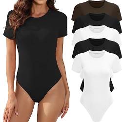 MLYENX 5er-Pack Kurzarm-Body für Damen, Rundhalsausschnitt, lässig, dehnbar, Basic-T-Shirt, Bodysuit, Tops, 5er-Pack: schwarz, schwarz, weiß, weiß, kaffeefarben, S von MLYENX