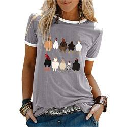 10 lustige Hühner-T-Shirts für Frauen Sommer Bauern Geschenk Tops Patchwork Rundhalsausschnitt Kurzarm T-Shirt, grau, X-Groß von MLZHAN