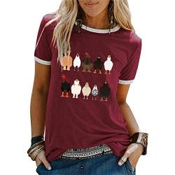 10 lustige Hühner-T-Shirts für Frauen Sommer Bauern Geschenk Tops Patchwork Rundhalsausschnitt Kurzarm T-Shirt, weinrot, Mittel von MLZHAN