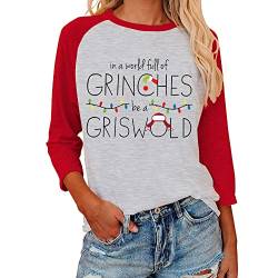 Damen Patchwork Chrismtas Shirts Griswold Tees Rundhals Raglanärmel Shirt Tops, Rot/Ausflug, einfarbig (Getaway Solids), Groß von MLZHAN