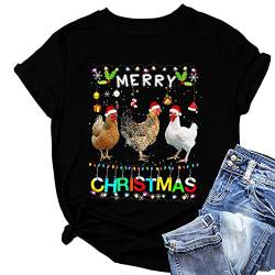 Damen-Shirts, Merry Chrismtas 3, Huhn mit Weihnachtsmütze, bunte Lichter, Tops, weibliche Harajuku-Blusen, schwarz, X-Groß von MLZHAN