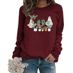 MLZHAN Frauen Halloween Sweatshirts Geschenk Mantel Lustige Geist Pflanzen Grafik Geschenk Mantel Langarm Rundhals Full Winter Sweatshirt, Rotwein, XL von MLZHAN