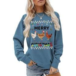 MLZHAN Frohe Weihnachten Frauen Sweatshirt Lustige Hühner mit Weihnachtsmütze Bunte Lichter Gedruckt Weihnachten Herbst Sweatshirts, blau, 46 von MLZHAN