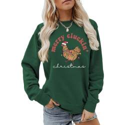 MLZHAN Merry Cluckin Weihnachten Frau Sweatshirt Lustiges Huhn mit Weihnachtsmütze Bunte Lichter Drucken Geschenk Herbst Winter Shirt, Vintage Grün, M von MLZHAN