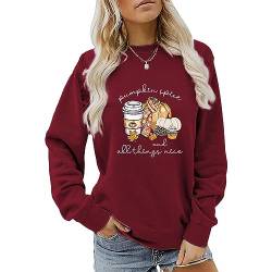 MLZHAN Pumpkin Spice and All Things Nice Sweatshirt Women Halloween Funny Pumpkin Coffee Print Herbst Winter Geschenk Sweatshirt, Weinrot, L von MLZHAN