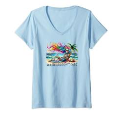 Damen Beach Hair Don't Care - Lustiges Sommer-Skelett T-Shirt mit V-Ausschnitt von MM Squad